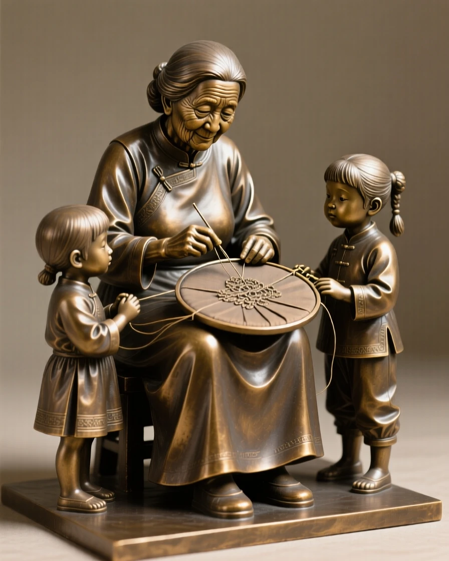 A grandmother teaching her grandchildren traditional embroidery, with an expression of quiet determination, forming a strong central focal point