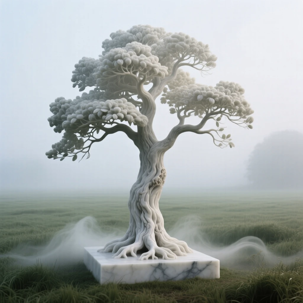 A beautifully composed image of a solitary tree standing in a misty field, captured with cinematic depth and detail, full of atmosphere and visual storytelling