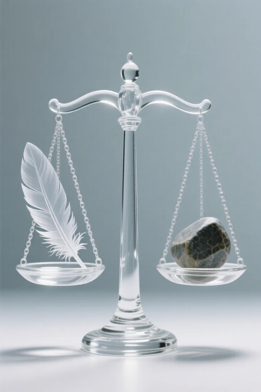 Beneath a sky filled with softly drifting light, a set of scales balanced perfectly between a feather and a stone