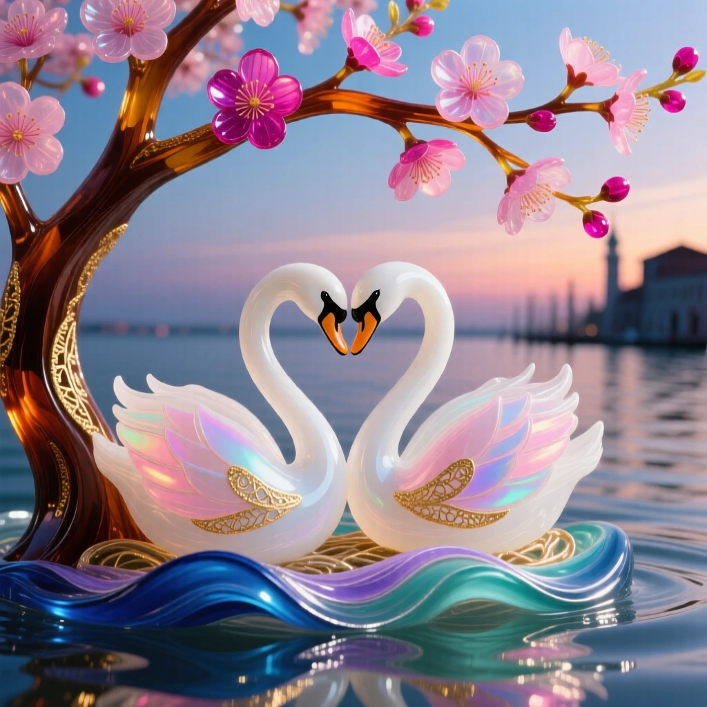 A pair of swans nesting beneath a blossoming cherry tree at the water's edge at the height of dusk, tender and idyllic.