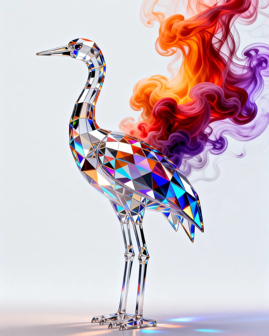 An abstract explosion of vivid smoke forming the delicate shape of a crane.