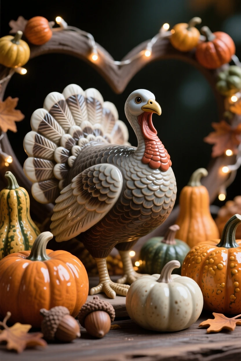 A turkey figure surrounded by autumn gourds displayed as a heartwarming holiday accent, dotted with tiny twinkling lights, stirring cozy nostalgia for cherished traditions.