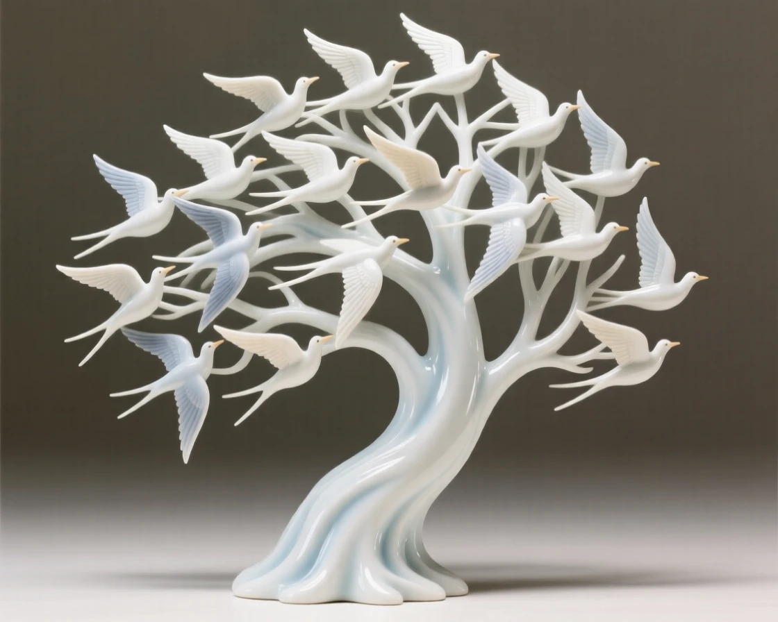 A dreamlike scene of a flock of birds forming the shape of a great tree in flight, quietly majestic and softly luminous.