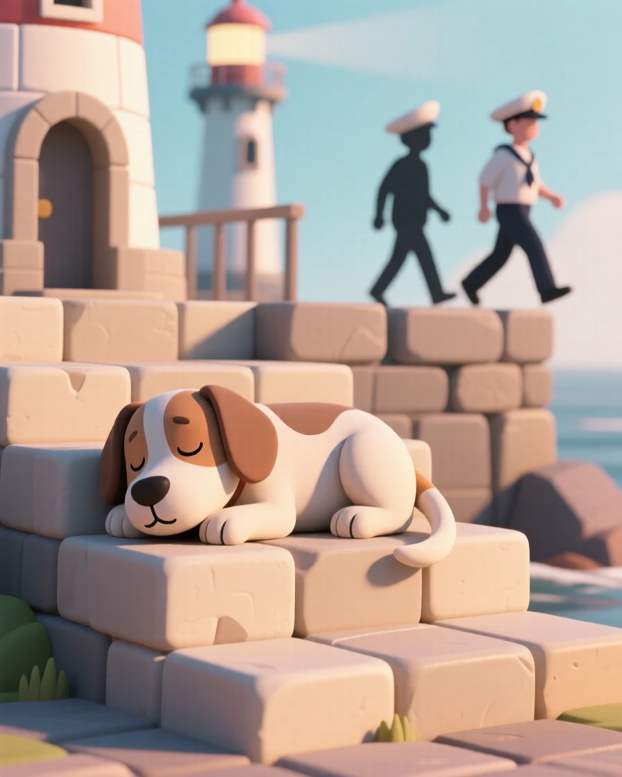 A gentle old lighthouse dog naps on sun-warmed steps, tail thumping happily at passing sailors.
