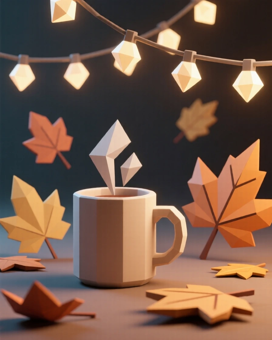 A cozy autumn scene with a steaming mug and falling leaves, under strings of warm twinkling lights. warm glowing lights create a festive ambiance. The mood feels cozy and nostalgic.