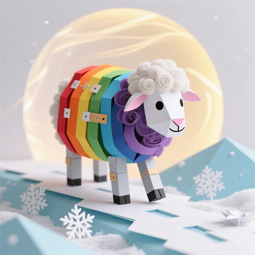 A rainbow-wool sheep creature waddling across a snowy path, with a soft warm glow surrounding it, evoking whimsical charm and gentle humor.