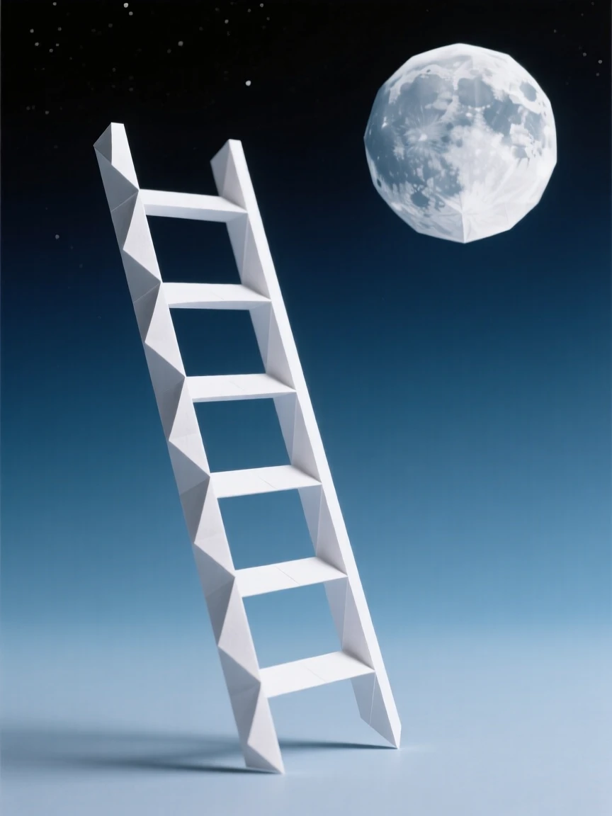 A ladder leaning against nothing but open sky, leading toward a distant moon.