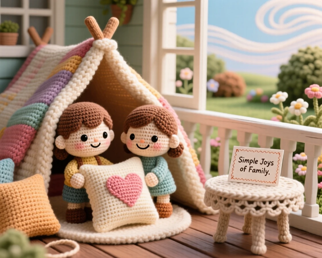 A heartwarming family moment: two siblings building a blanket fort together giggling as the final pillow is placed, peeking out from inside their cozy hideout within a quiet porch overlooking a peaceful garden; a handmade card resting on the table nearby, full of the simple joy of everyday family life.