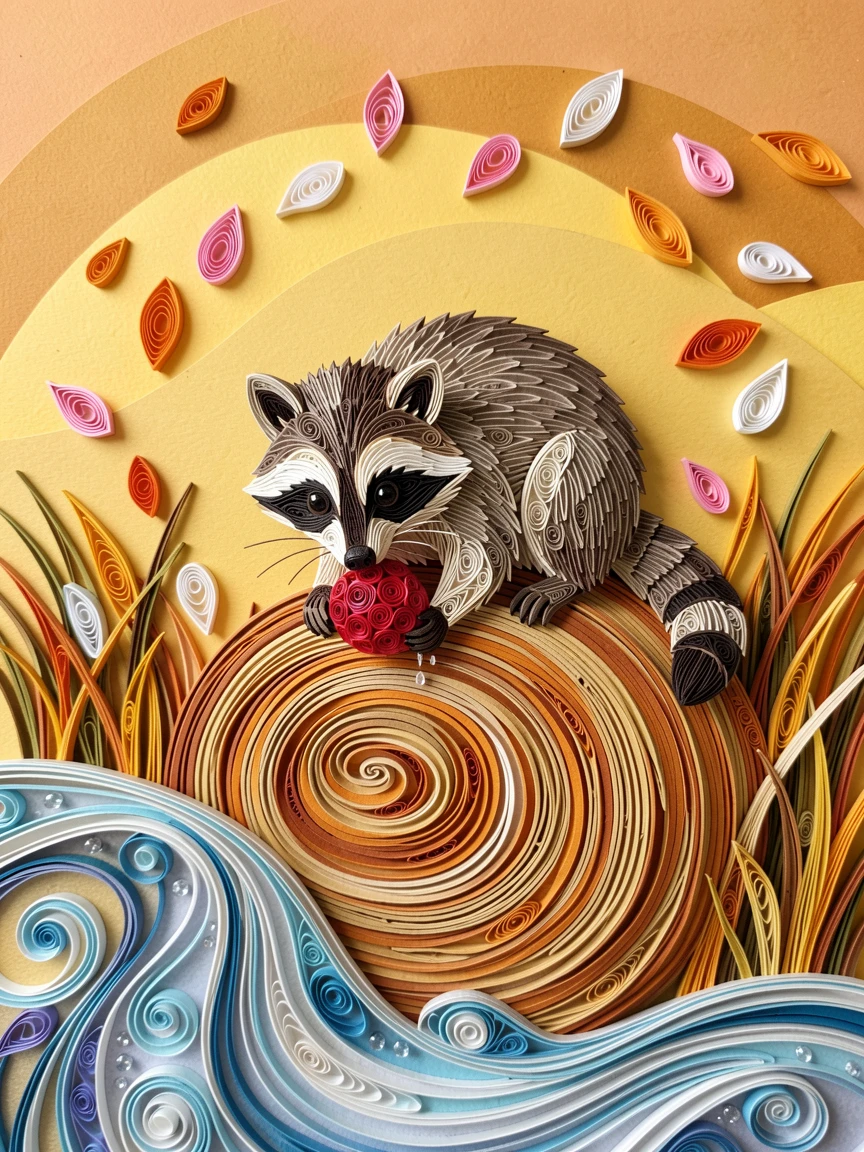 A heartwarming scene of a baby raccoon washing a berry in a stream on a hay bale in a golden autumn field, set against a warm gradient background, surrounded by drifting flower petals.