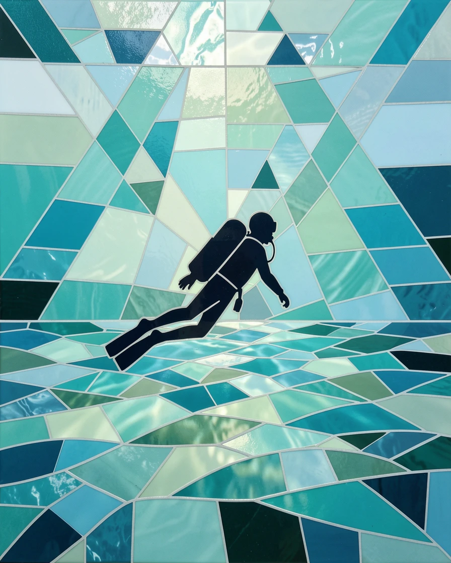 A dreamlike underwater view of a diver's silhouette against the sunlit surface of the open ocean, glowing with soft blue-green light.