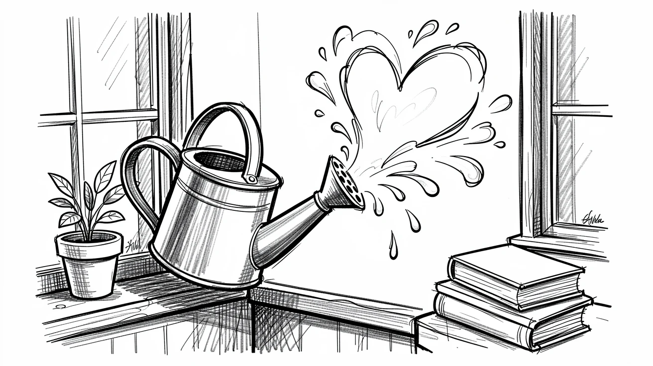 A watering can pouring a heart-shaped splash in a cozy kitchen corner.