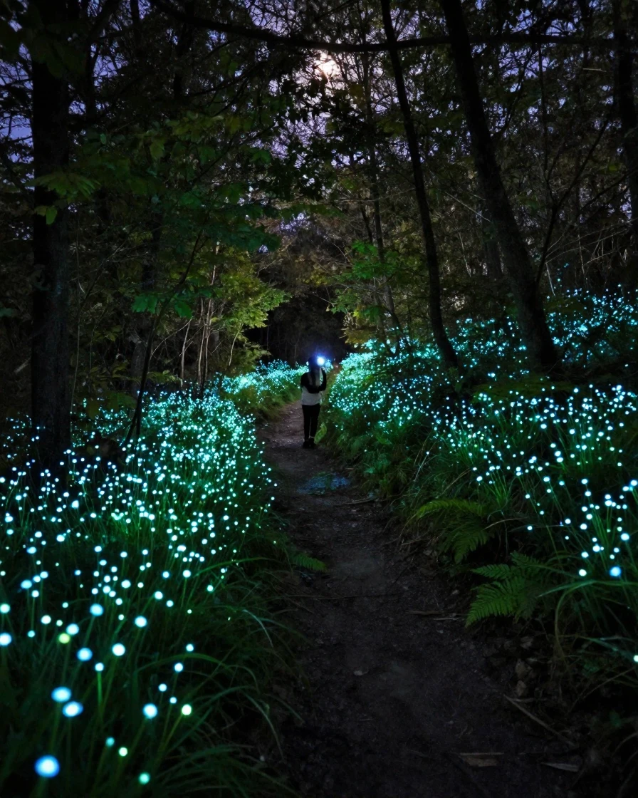 A field of bioluminescent flowers glows softly along a quiet forest trail at night.