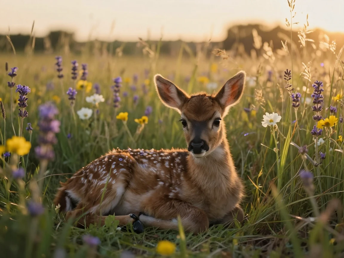 A young fawn resting quietly among tall grass through a field of tall wildflowers as the day slowly fades