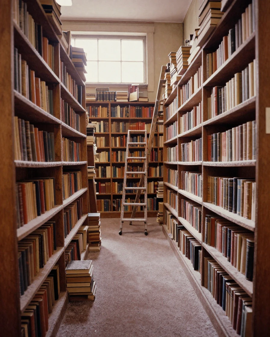 A vintage bookstore with towering shelves and a rolling ladder, under harsh midday sun, with frost coating every surface, in the depths of winter, in earthy terracotta and ochre shades, framed symmetrically down a long corridor.