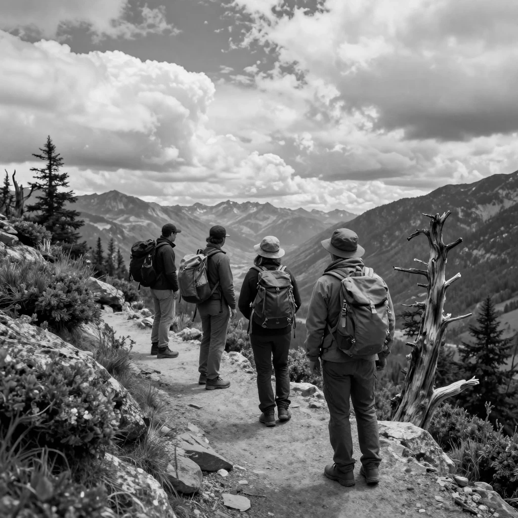 A group of trekkers pauses to admire the view below along a remote wilderness trail.