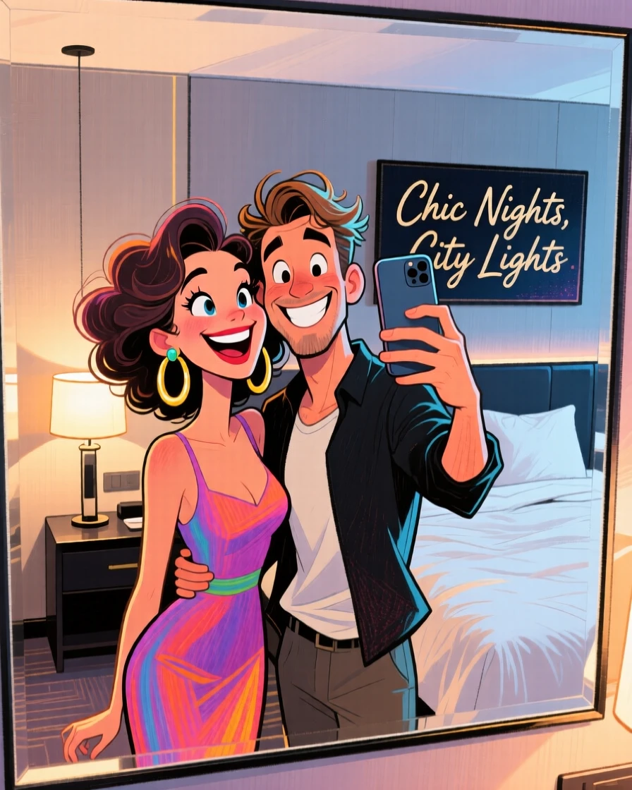 A couple taking a mirror selfie in a chic hotel room before a night out.