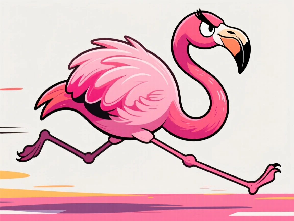 A charming animal moment featuring a sassy flamingo racing forward with fierce determination, with feathers or fur puffed out dramatically.