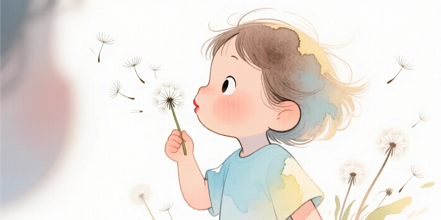 A heartwarming scene of a child blowing dandelion seeds into the breeze