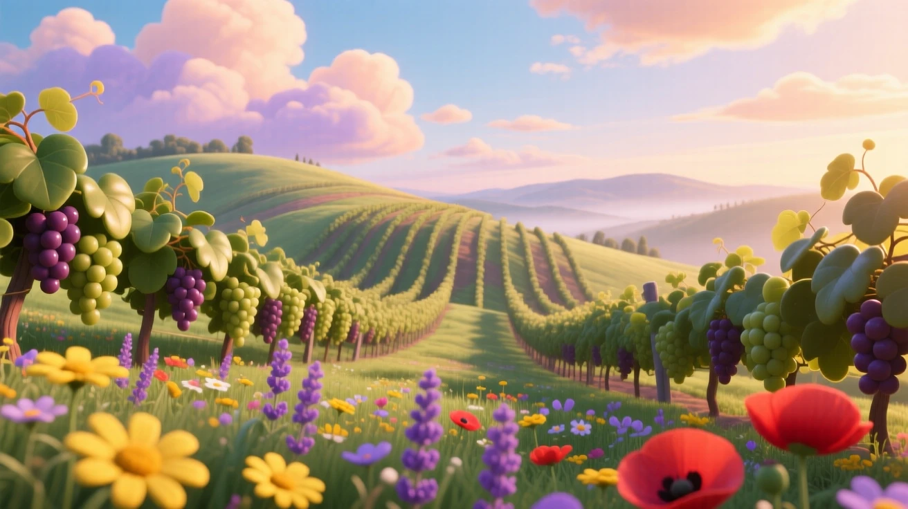 A rolling hillside of vineyards glows under a sky full of drifting clouds, with wildflowers scattered across the foreground. A calming stillness settles over the landscape.