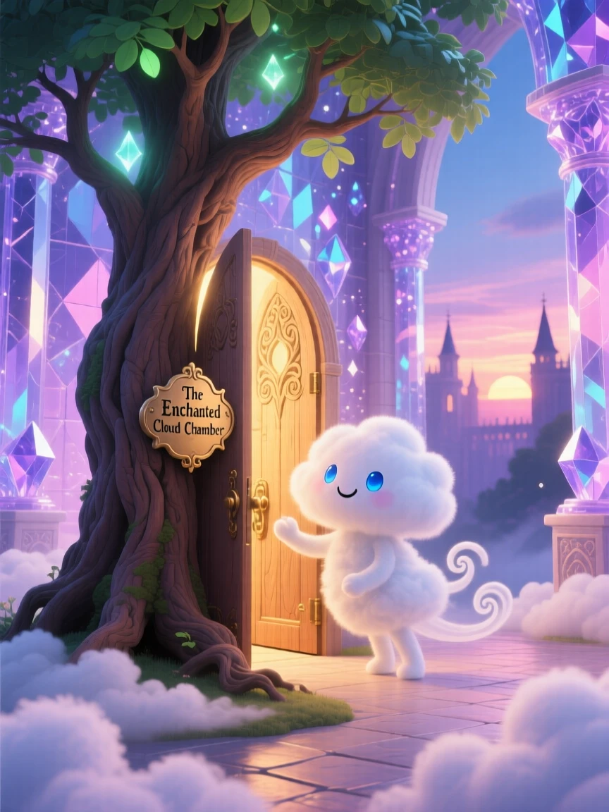 Deep within a castle made of crystal, a cloud spirit spends the evening opening a door hidden inside a tree trunk, with clouds drifting lazily below.