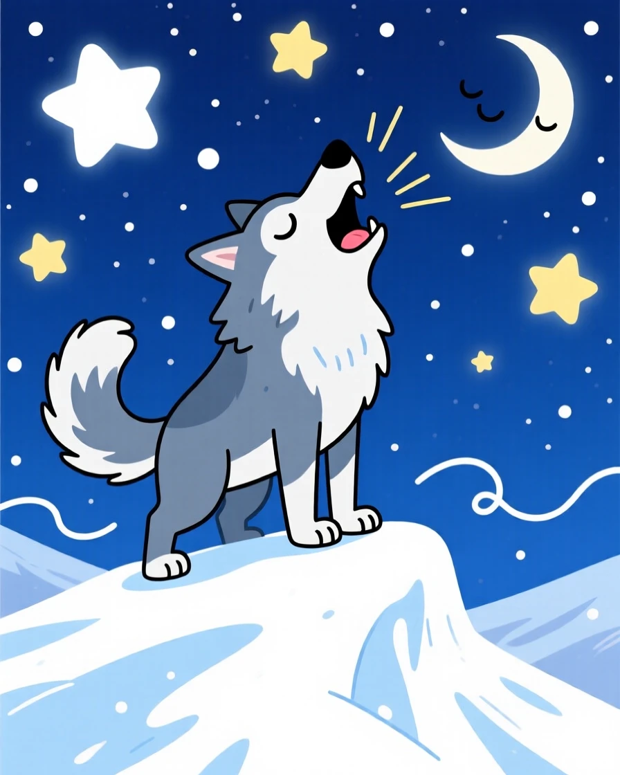 A wolf howling atop a snowy ridge under starlight.