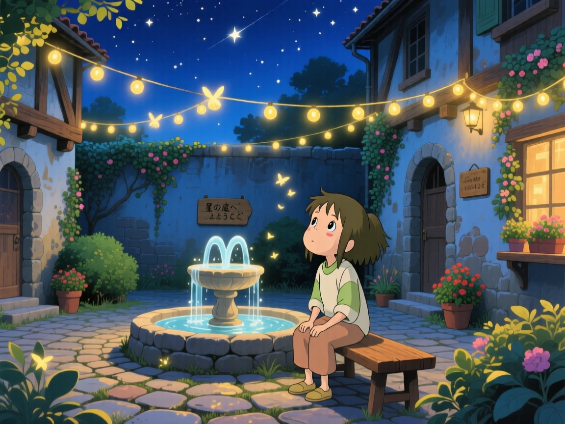 A nighttime scene of a quiet courtyard lit by strings of glowing lights, dreamlike beneath the stars.