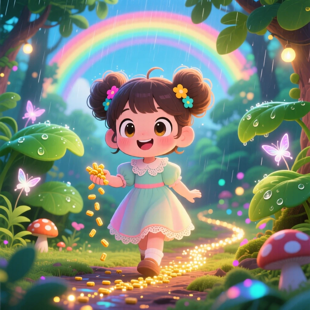 In an enchanted storybook forest, a little girl is leaving a trail of breadcrumbs through the woods under a rainbow after the rain, bathed in bright rainbow-tinted light, expression full of eager anticipation. Shot as a waist-up portrait.