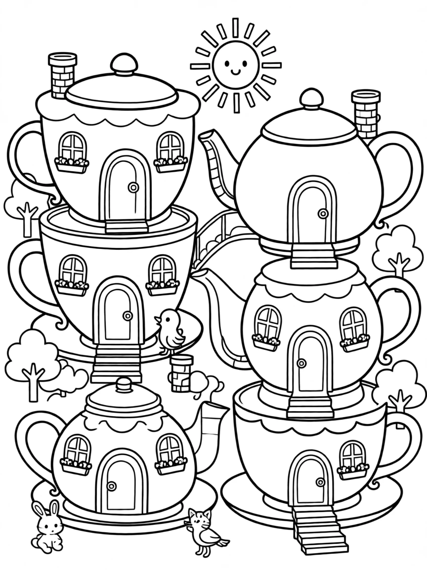 A cozy village built inside giant teacups and teapots