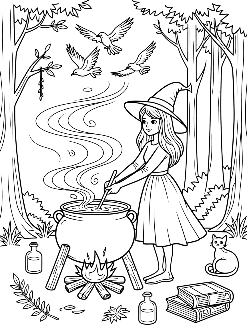 A witch stirring a bubbling cauldron, with a flock of ravens scattering into the sky.