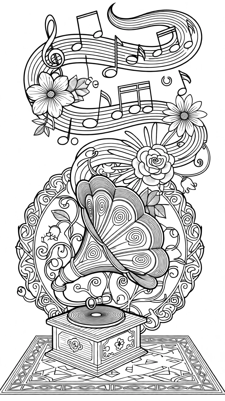 A vintage gramophone with musical notes blooming into flowers.