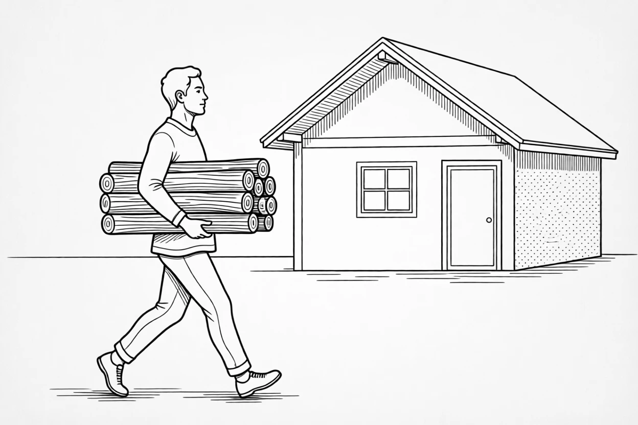 A person carrying an armful of firewood toward a cabin