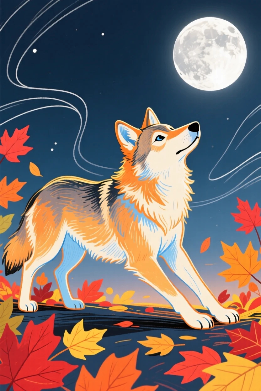 A young wolf stretching in the morning light among autumn leaves under a full moon.
