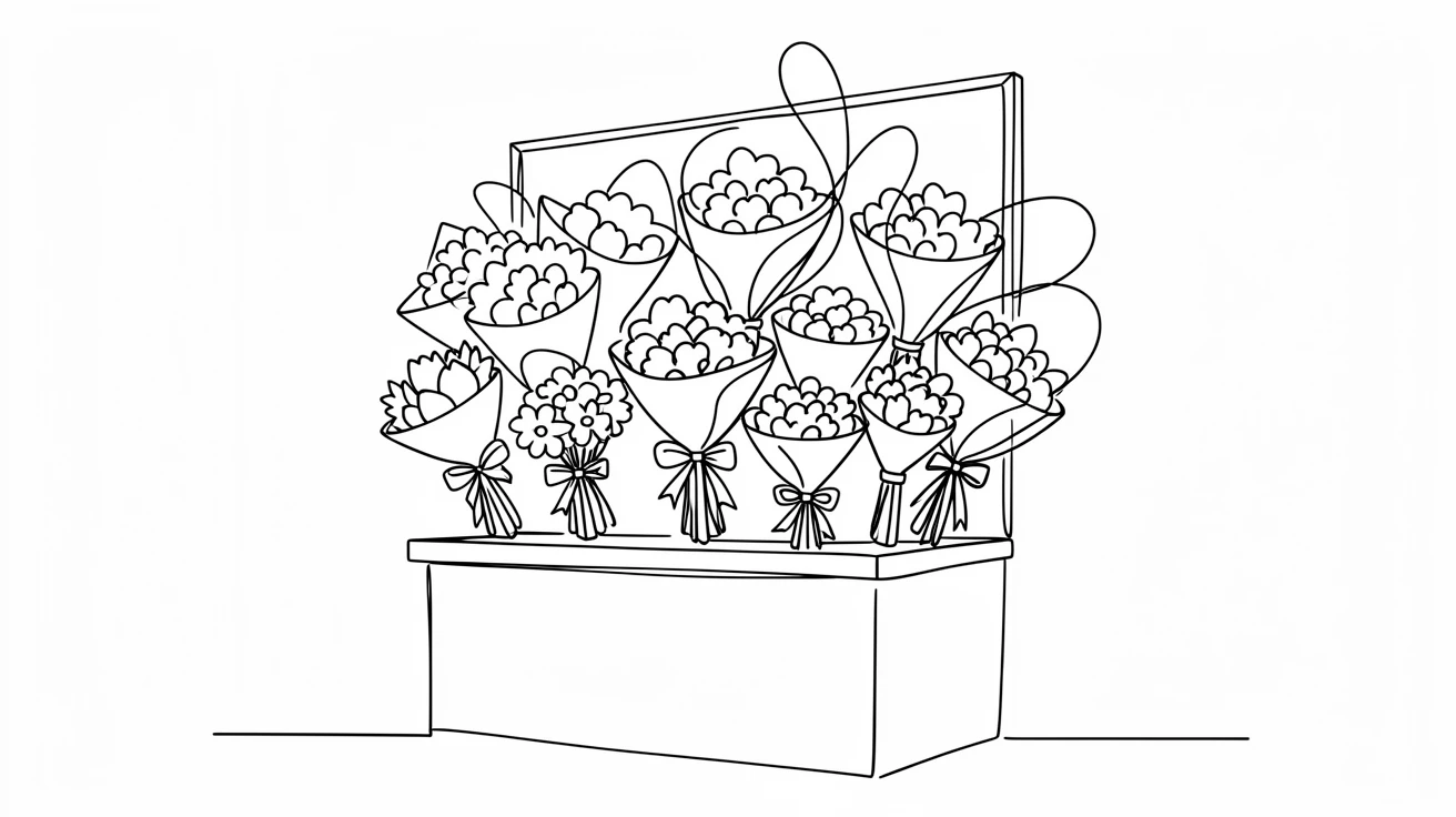 A busy flower market stall overflowing with fresh bouquets