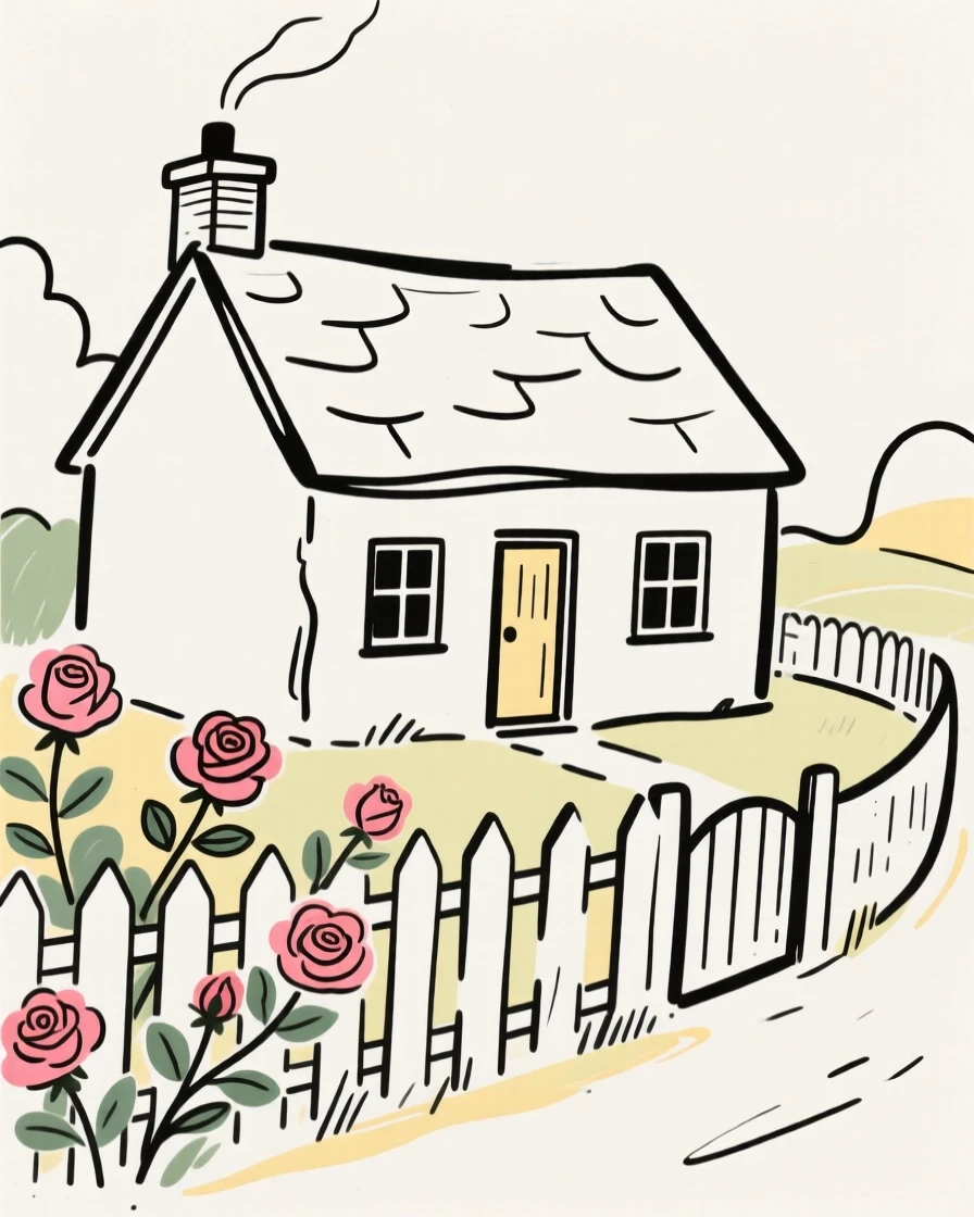 A cozy countryside cottage surrounded by a white picket fence and roses.
