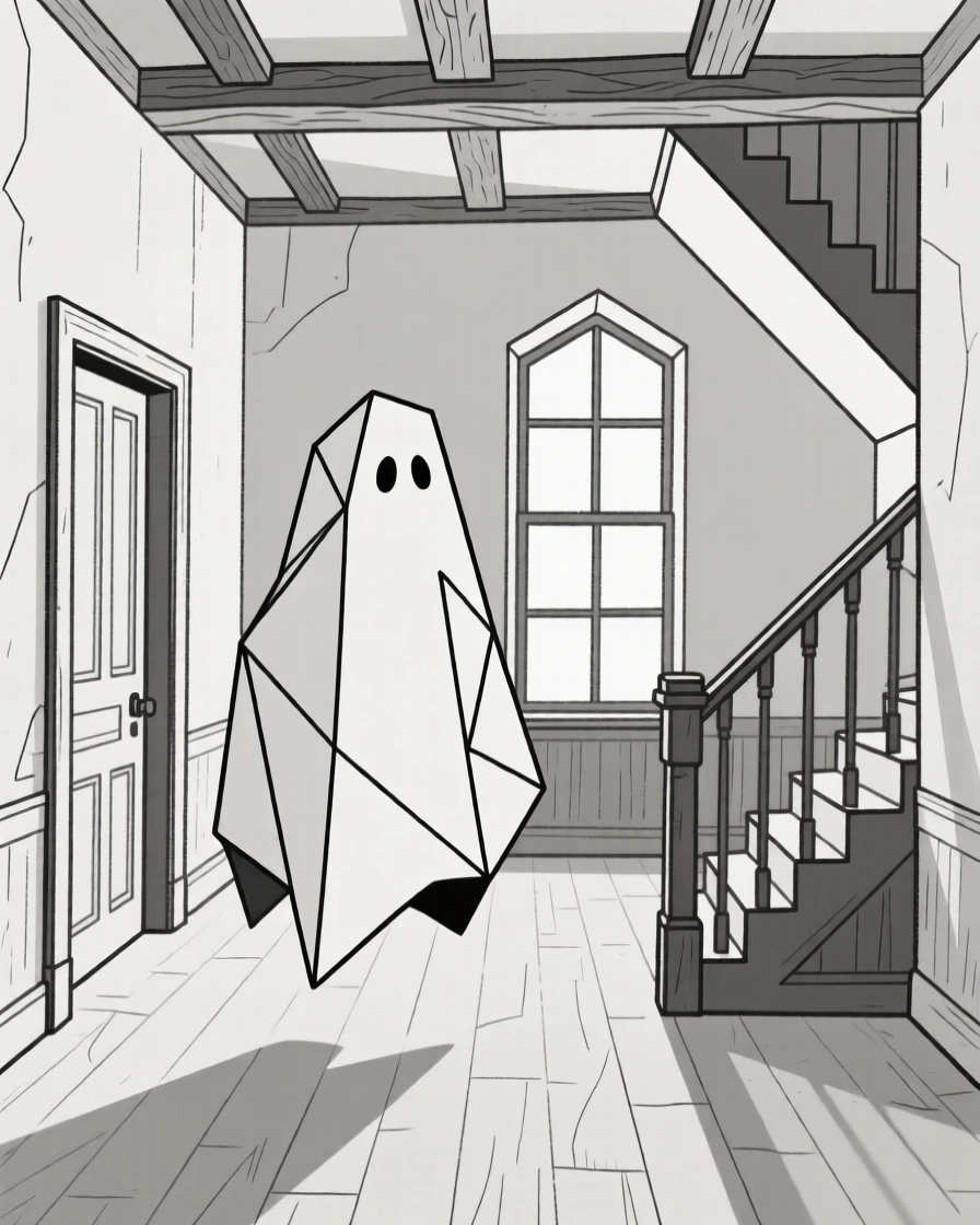 A ghost drifting through the halls of an old mansion