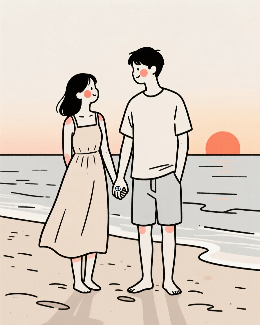 A newly engaged couple, glowing with nostalgia, on a sandy beach at sunset.