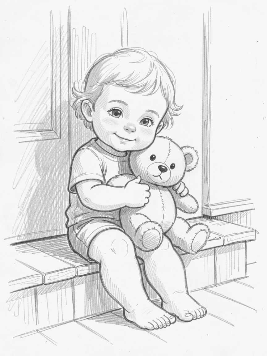 An irresistibly cute scene of a toddler hugging a stuffed teddy bear on a warm porch step, looking impossibly soft and content.