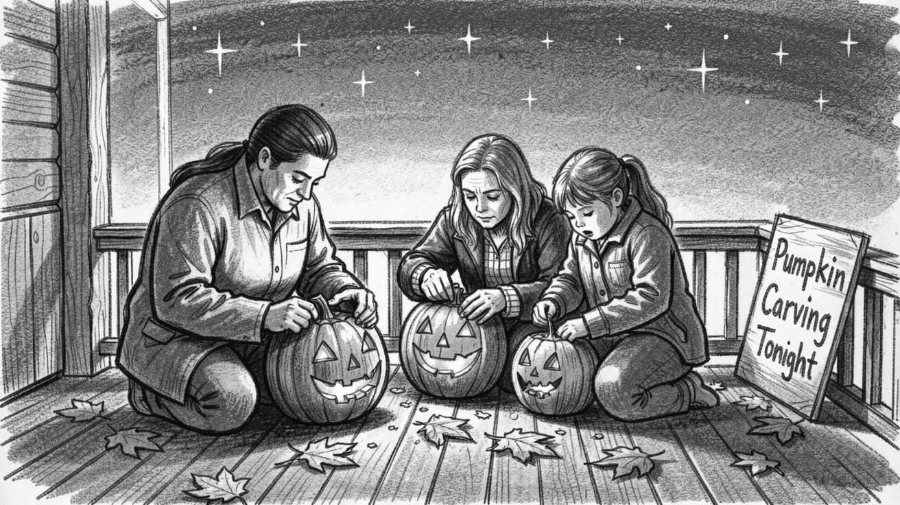 A family carving pumpkins on a porch in autumn, as the first stars appear overhead.