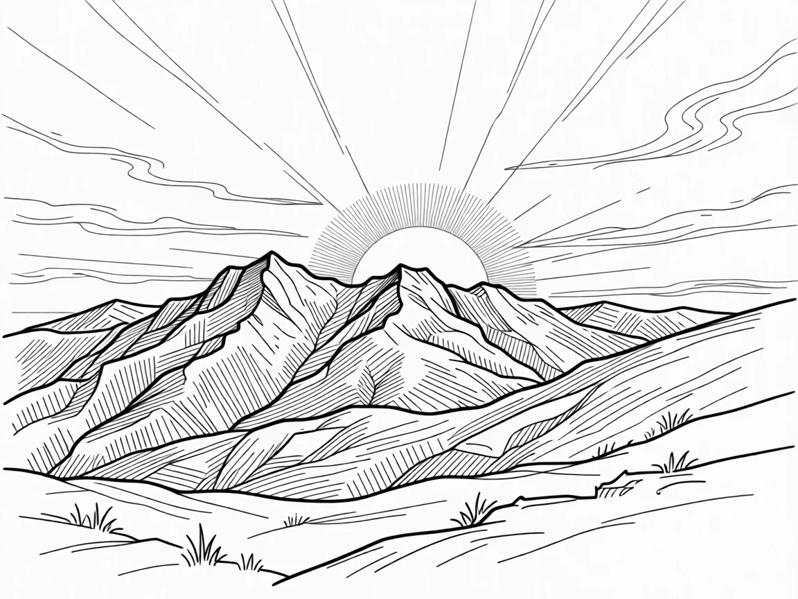 A glowing sunrise breaking softly over a quiet mountain ridge.