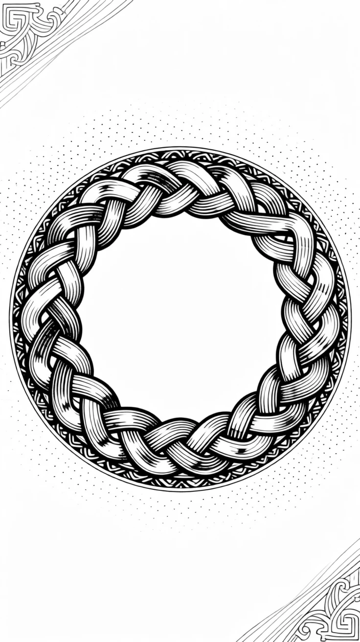 A border of interlocking celtic knotwork framed within an ornate circular border, with a harmonious balance of positive and negative space, forming a gracefully composed decorative composition.