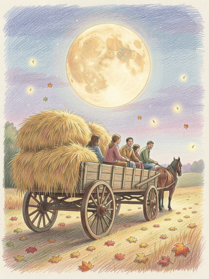 A rustic countryside hay wagon ride beneath a harvest moon, with delicate details that reward a closer look, radiating comfort, joy, and quiet beauty.