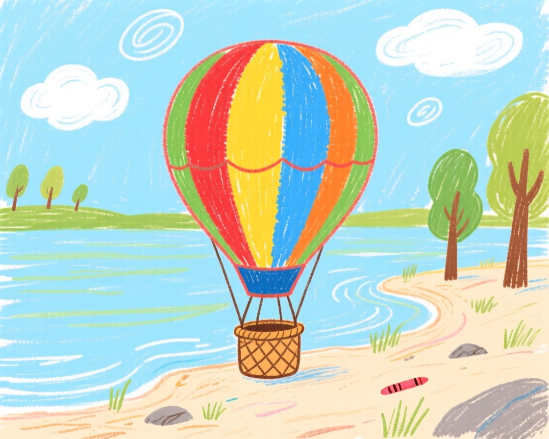 A hot air balloon resting on the shore of a calm lake.