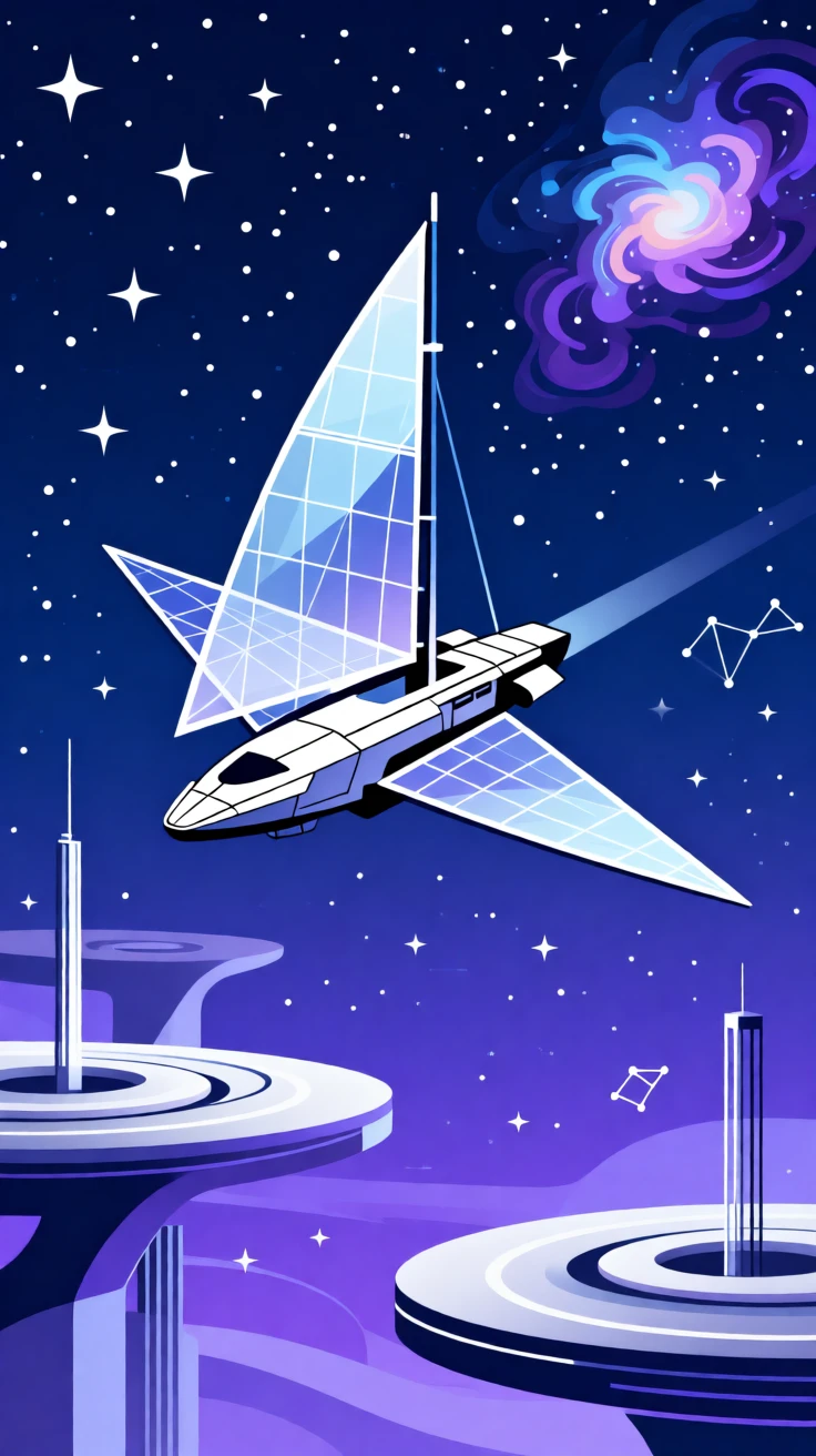 A futuristic solar sail spacecraft drifting through starlit space, surrounded by clean minimalist architecture, composed with layered depth suggesting advanced technology, with a subtle sense of wonder about future possibilities.
