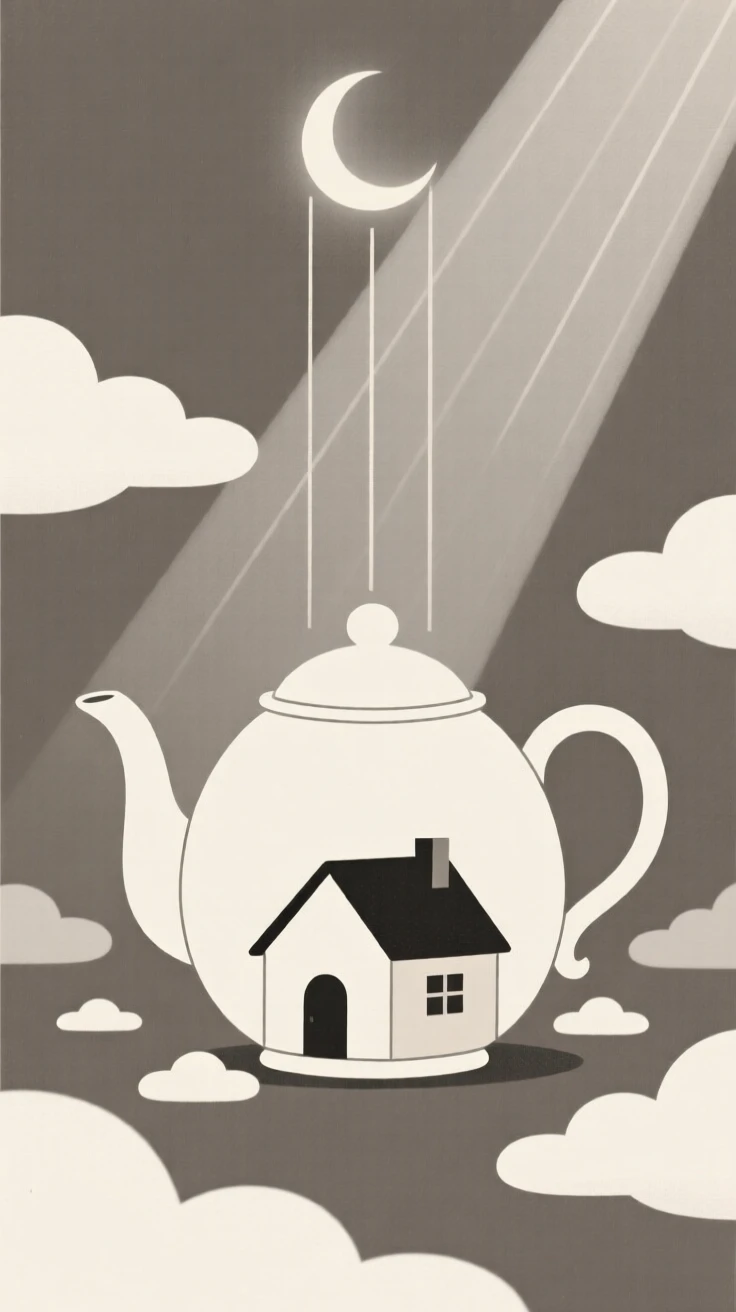 A dreamlike tiny house built inside a teapot rising from a sky filled with drifting clouds, filled with gentle beams of moonlight, evoking quiet enchantment.