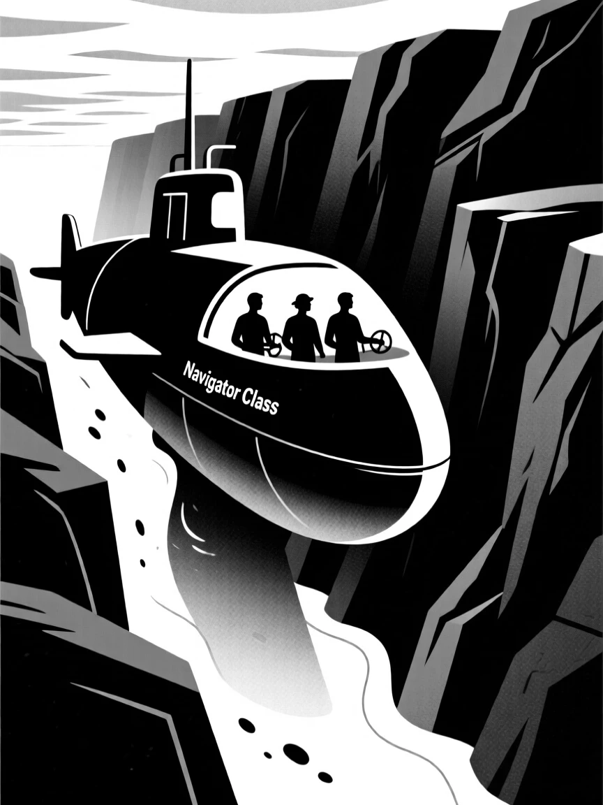 A submarine crew navigating through a dangerous trench.