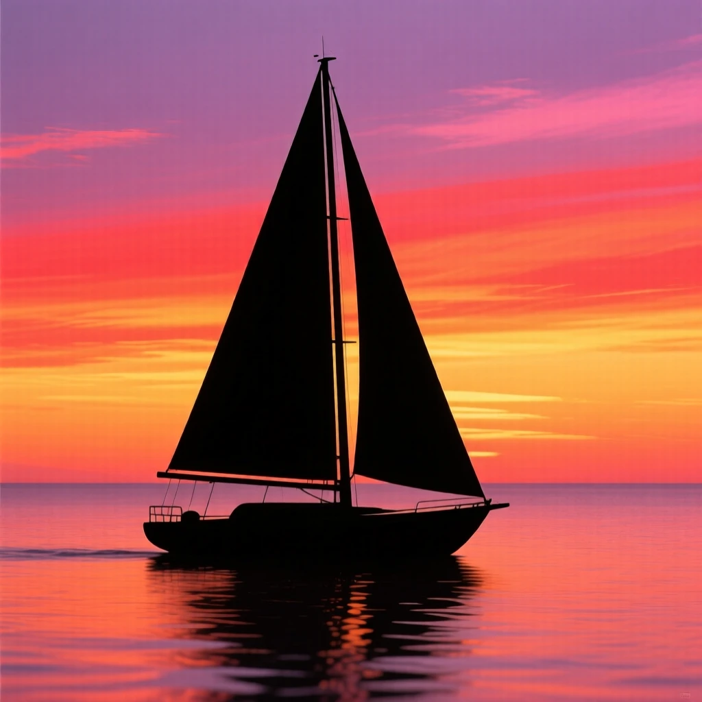 A single sailboat silhouette crossing a wide, colorful sunset horizon.