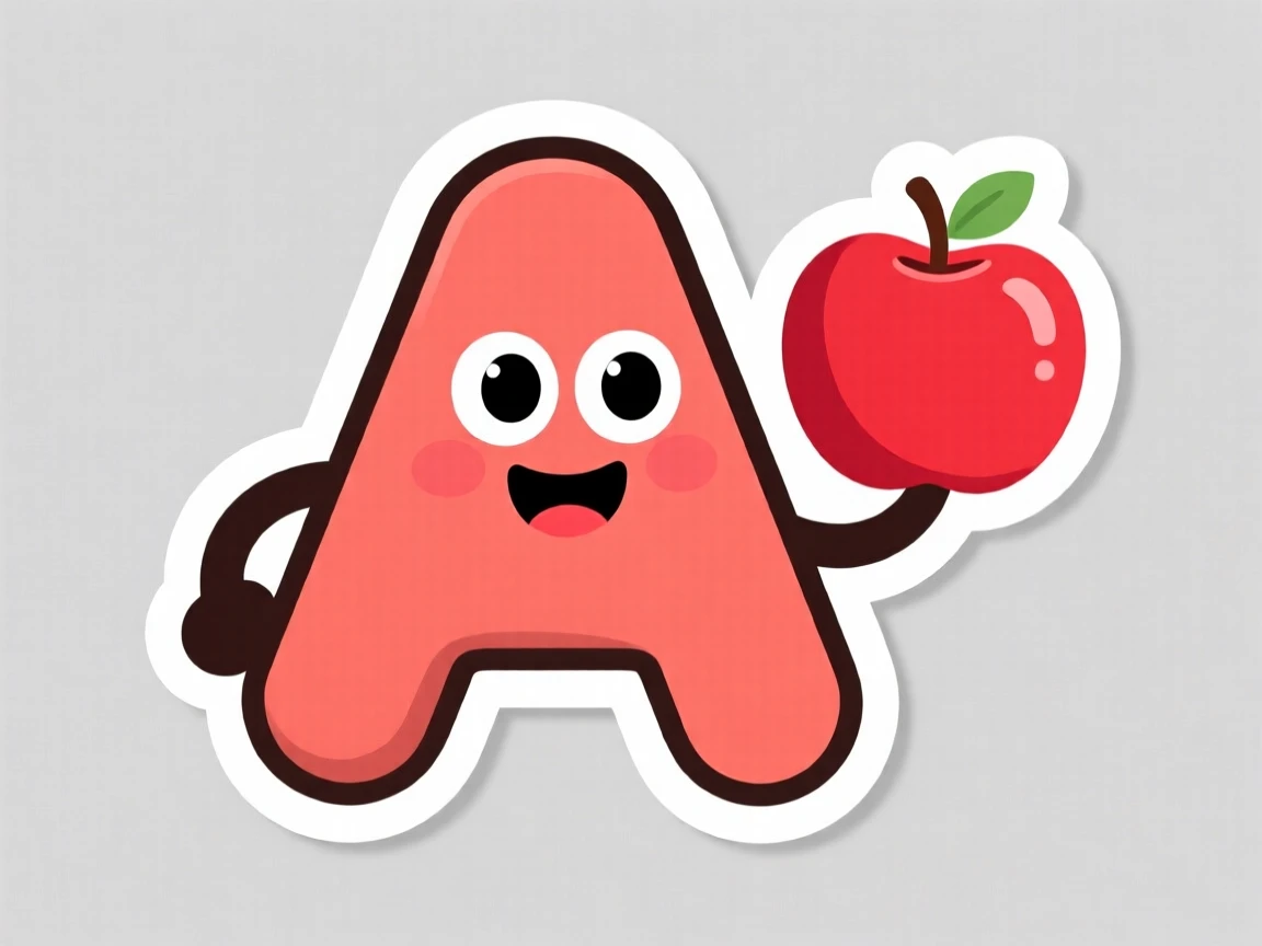 A playfully educational friendly cartoon letter A holding an apple, with a big warm smile, bringing a smile to young learners.