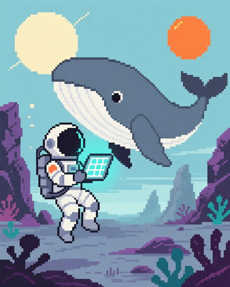 An astronaut floating beside a giant space whale mapping out an unexplored alien landscape, on an alien world with two suns.