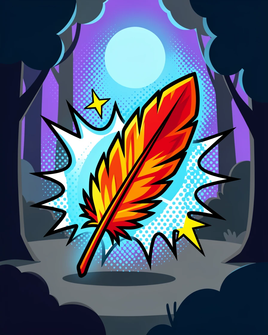 A phoenix feather resting softly in a moonlit forest clearing