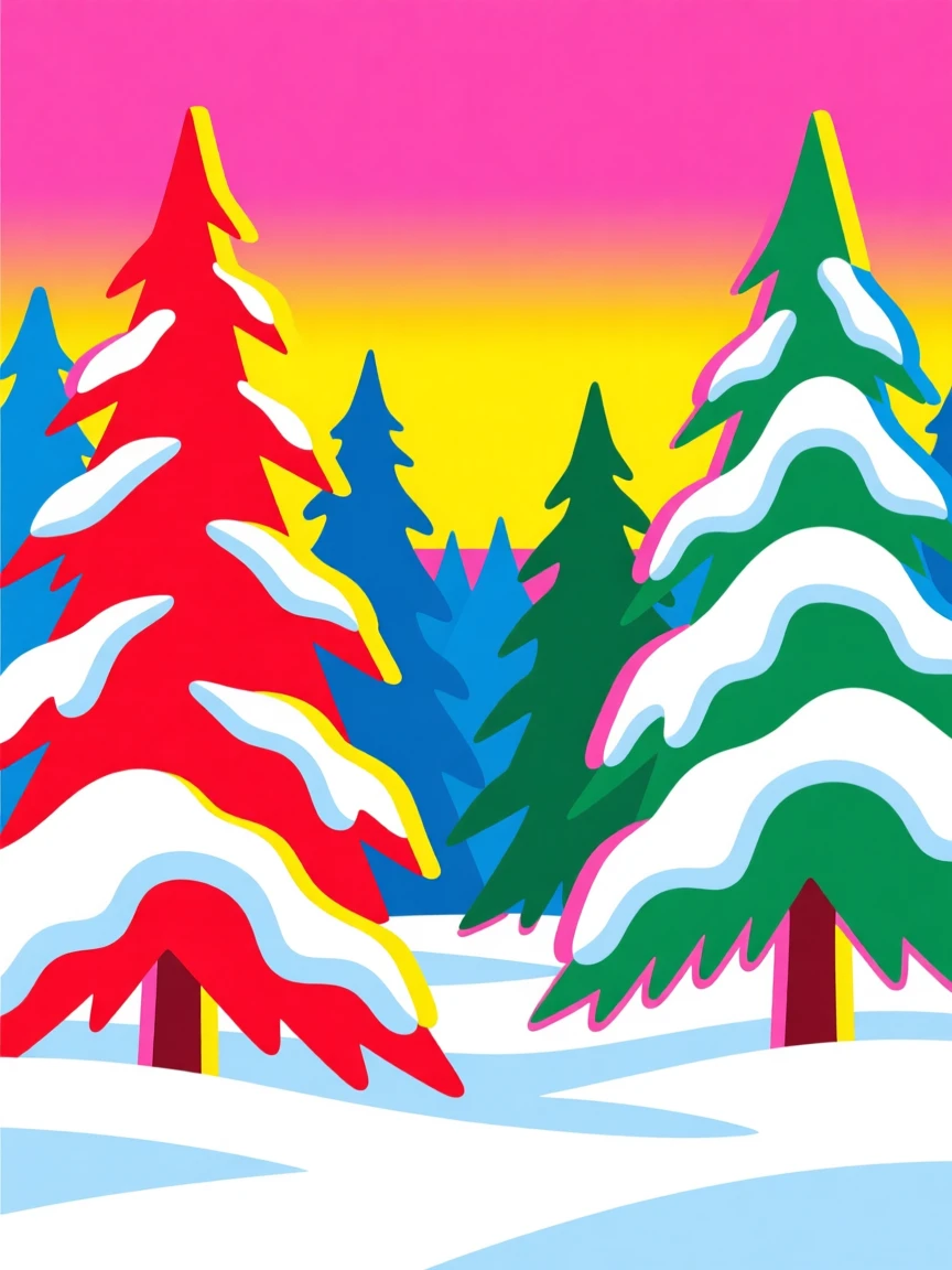 Snow-covered evergreen forest at dawn